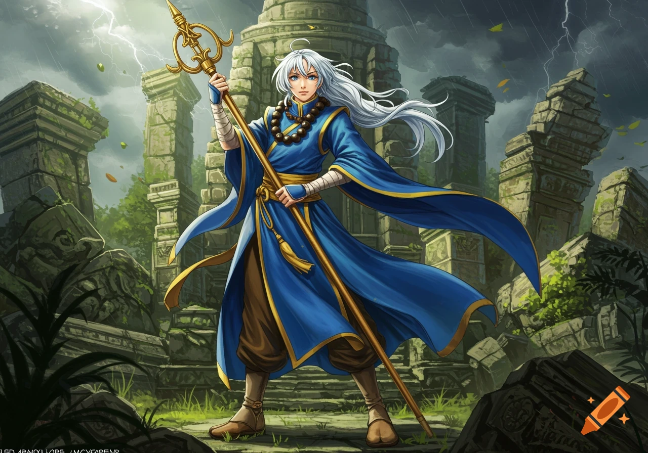 An anime-style character with long white hair in a blue robe holds a golden staff amidst ancient ruins under a stormy, lightning-filled sky.