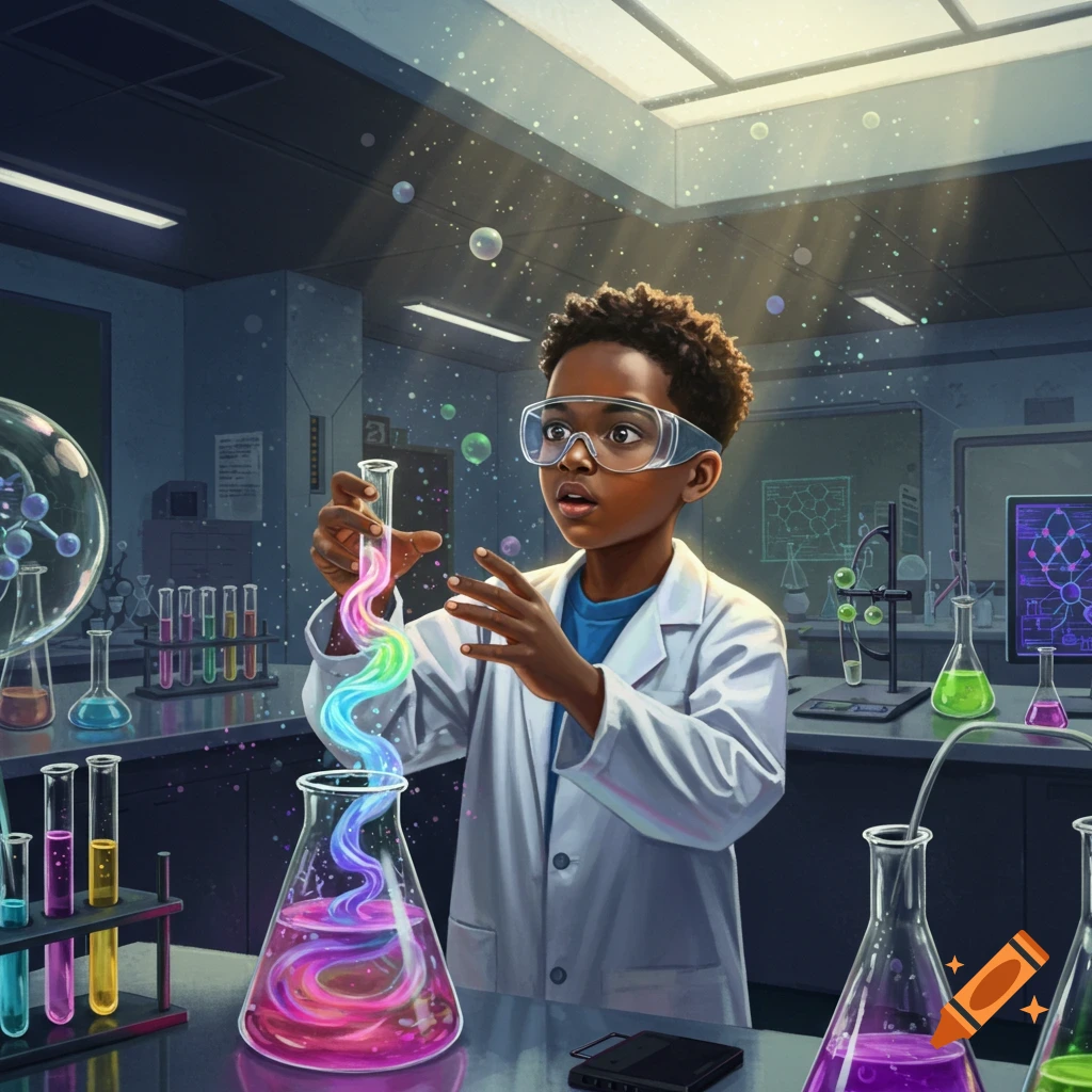A young Black boy in a lab coat and safety goggles holds a test tube with swirling rainbow liquid in a fantastical science lab.