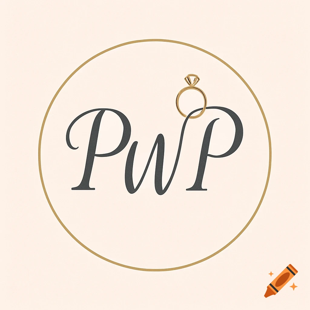 An elegant circular logo with a gold outline, featuring the dark gray initials "PWP" in a script font, topped with a small gold wedding ring, on a light pink background.