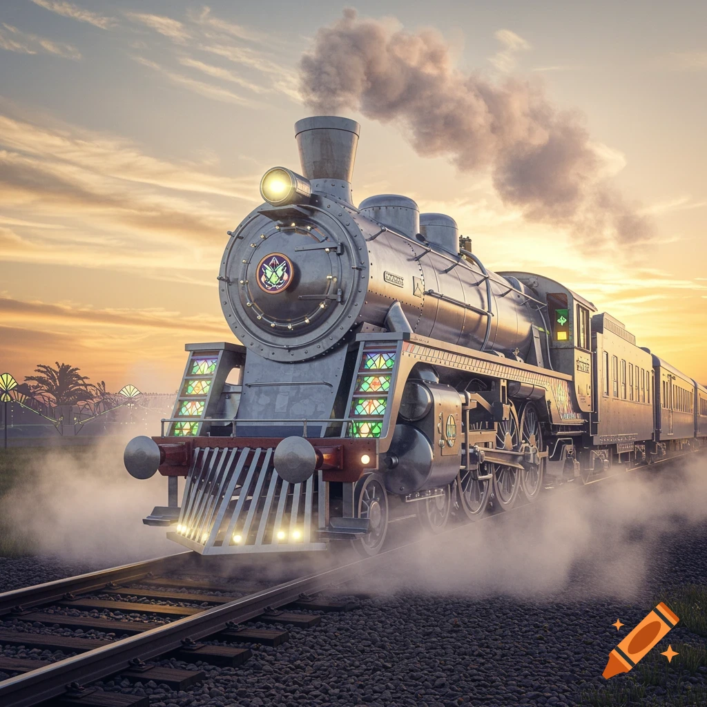 A fantastical Art Deco style train with decorative windows and lights, emitting smoke, at sunset on tracks.