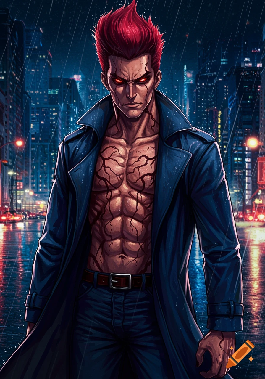 Muscular anime man with red spiky hair, glowing red eyes, and dark root-like patterns on his skin, wearing an open trench coat in a rainy city street at night.