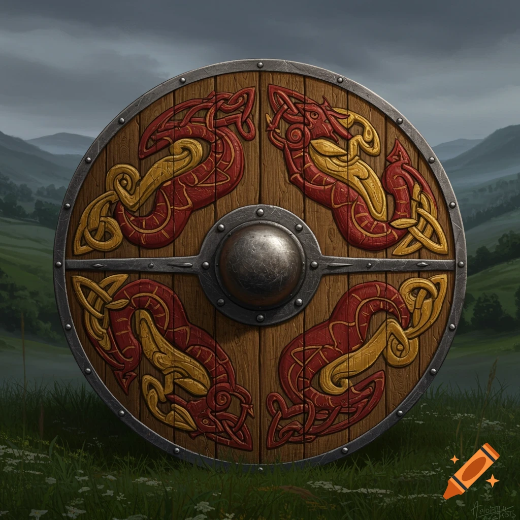 A round wooden Viking shield with a metal boss and rim, adorned with intricate red and gold Celtic knotwork depicting dragon-like creatures. The shield rests in a grassy field with rolling hills in the background.