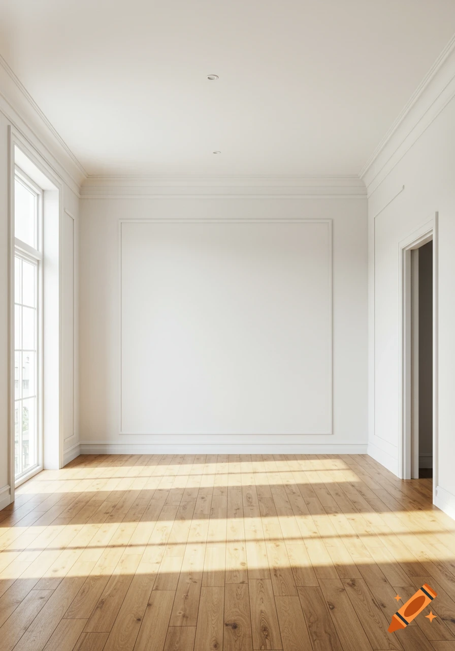 Bright, empty room with white walls, wooden floor, and sunlight streaming from a tall window.