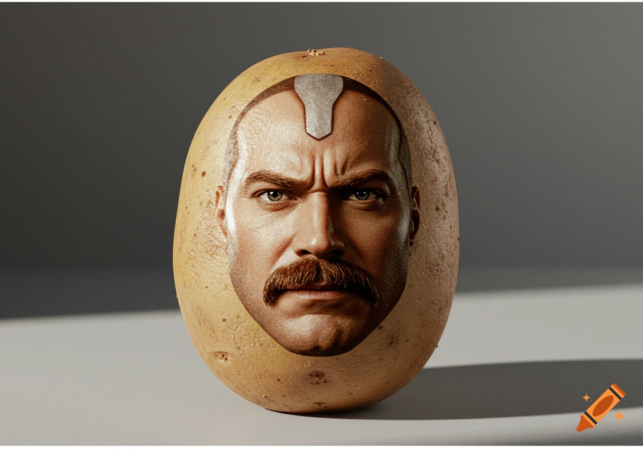 Photorealistic close-up of a serious man's face with a mustache embedded into a potato, on a gray background.