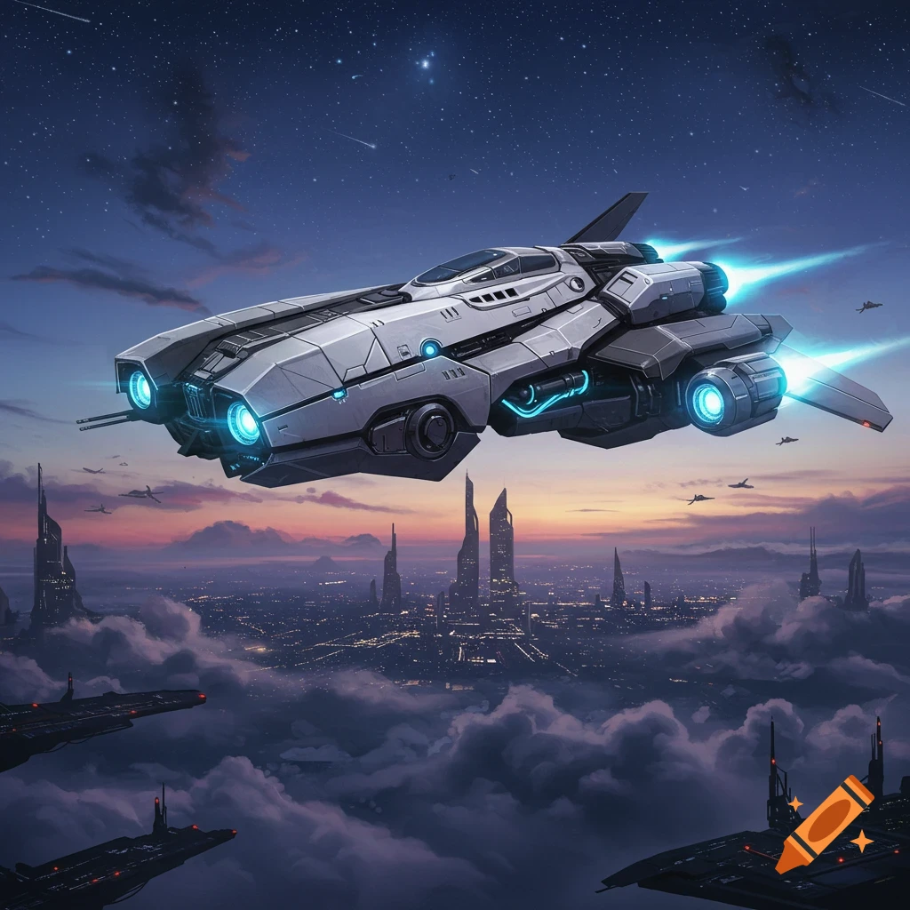 A sleek futuristic spaceship with glowing blue engines flies over a sprawling city amidst clouds at dusk, under a starry sky. Digital art.