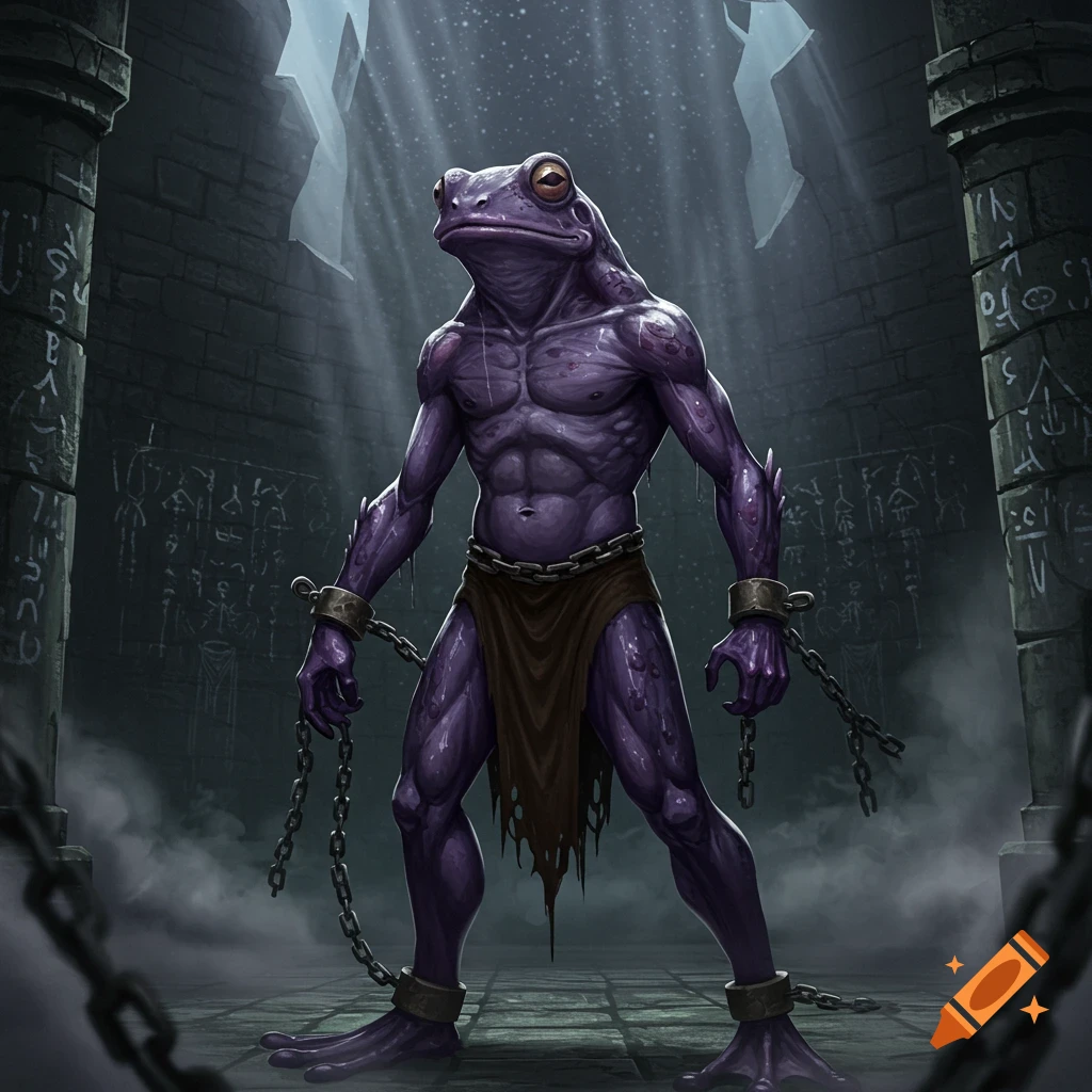 A purple, muscular, humanoid frog creature (grung) in shackles stands in a dark dungeon with light streaming from above.