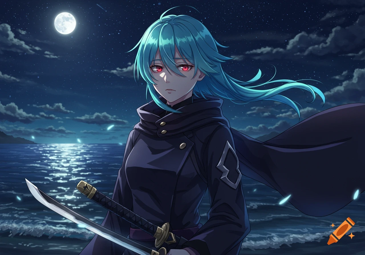 Anime character with cyan hair and red eyes in a dark cloak holding a katana by a moonlit ocean at night.