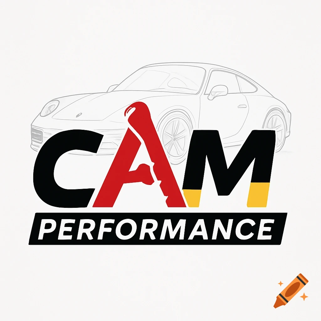 A logo with 'CAM PERFORMANCE' text and a camshaft-shaped 'A', with a faint Porsche car outline in the background.