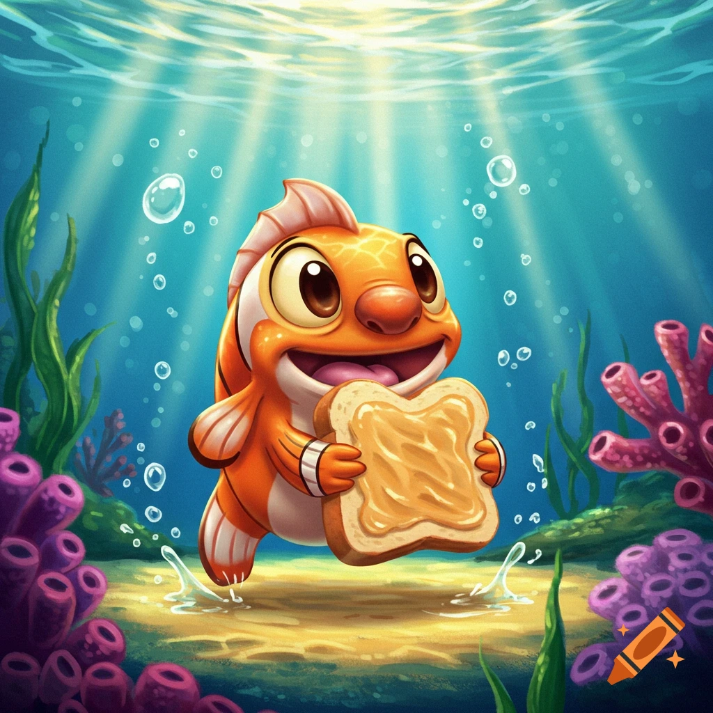 A cute cartoon orange fish, resembling Pudge, swims underwater, happily holding a peanut butter sandwich. Sunbeams filter through the water onto the sandy bottom with coral and seaweed.