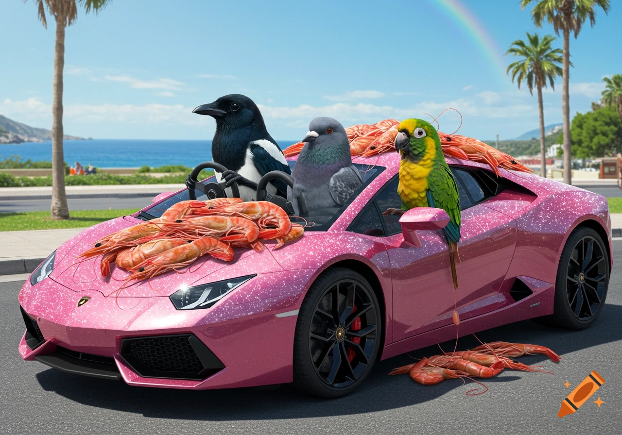 A magpie, pigeon, and parrot drive a pink, glittery Lamborghini covered in shrimp on a coastal road with a rainbow.