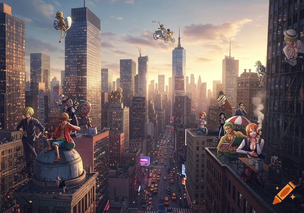 Anime One Piece characters on rooftops and flying above a bustling New York City cityscape at sunset.