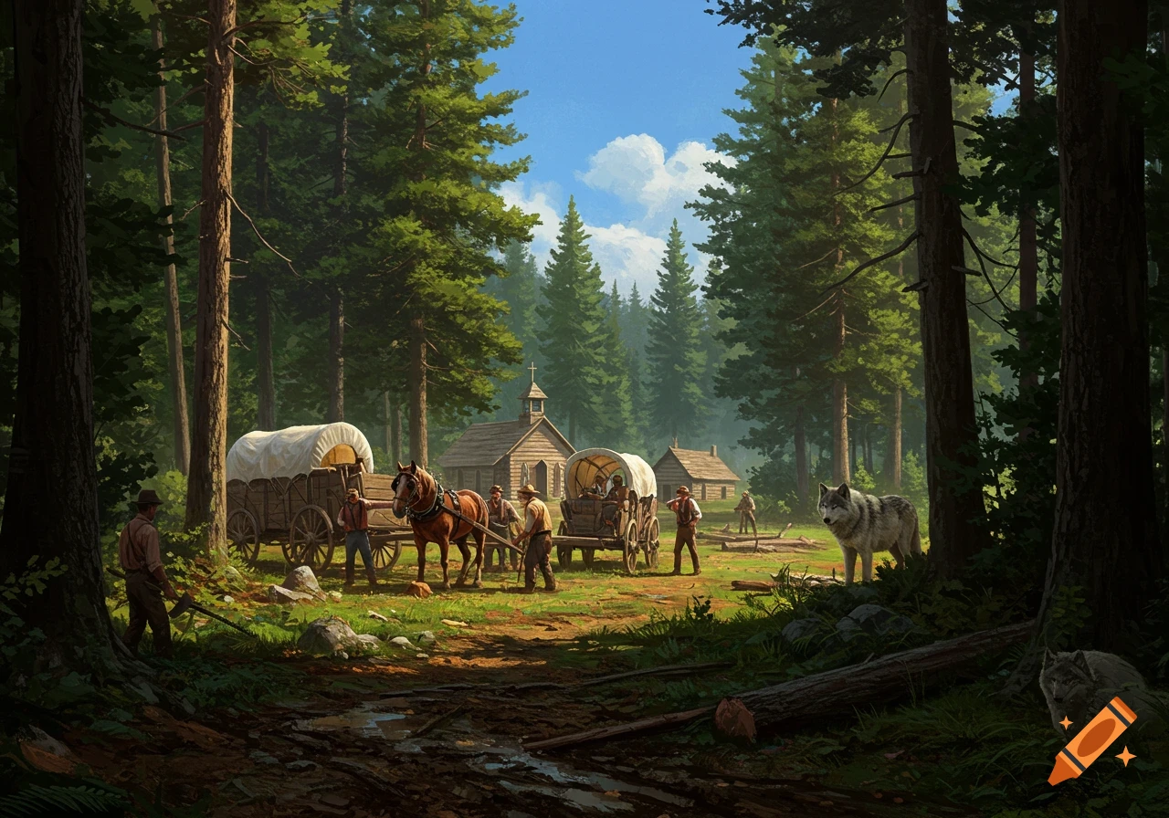 A detailed illustration shows a pioneer wagon train arriving in a lush forest with settlers building a church and homes, as a wolf watches.