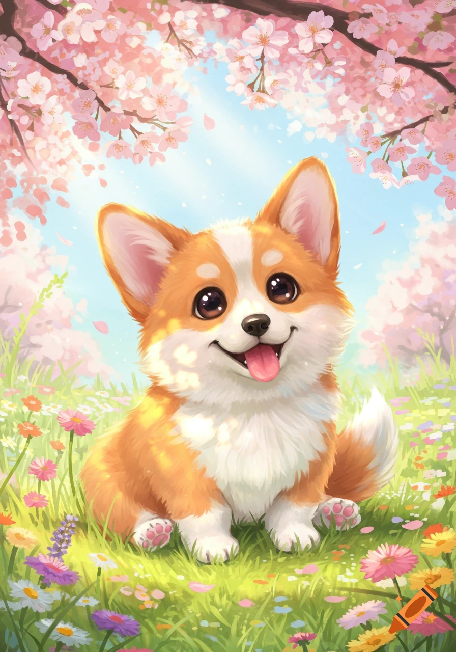 A cute, fluffy corgi with big eyes and a happy expression sits in a vibrant field of colorful flowers under pink cherry blossoms in an illustrative style.