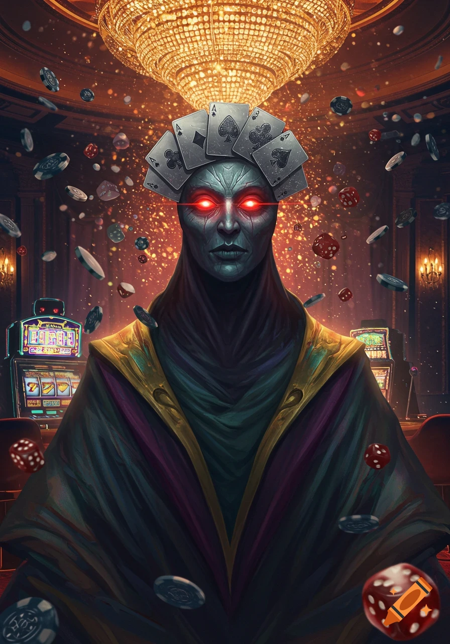 A dark, spectral being with glowing red eyes and playing cards on its head stands in a casino with floating chips and dice.