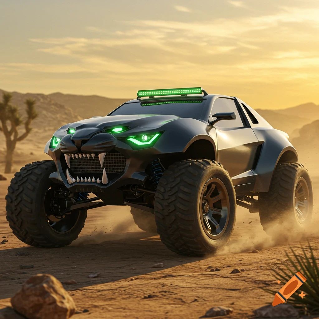 A custom offroad vehicle with a panther-themed front, glowing green headlights, and a roof light bar kicks up dust in a desert at sunset.