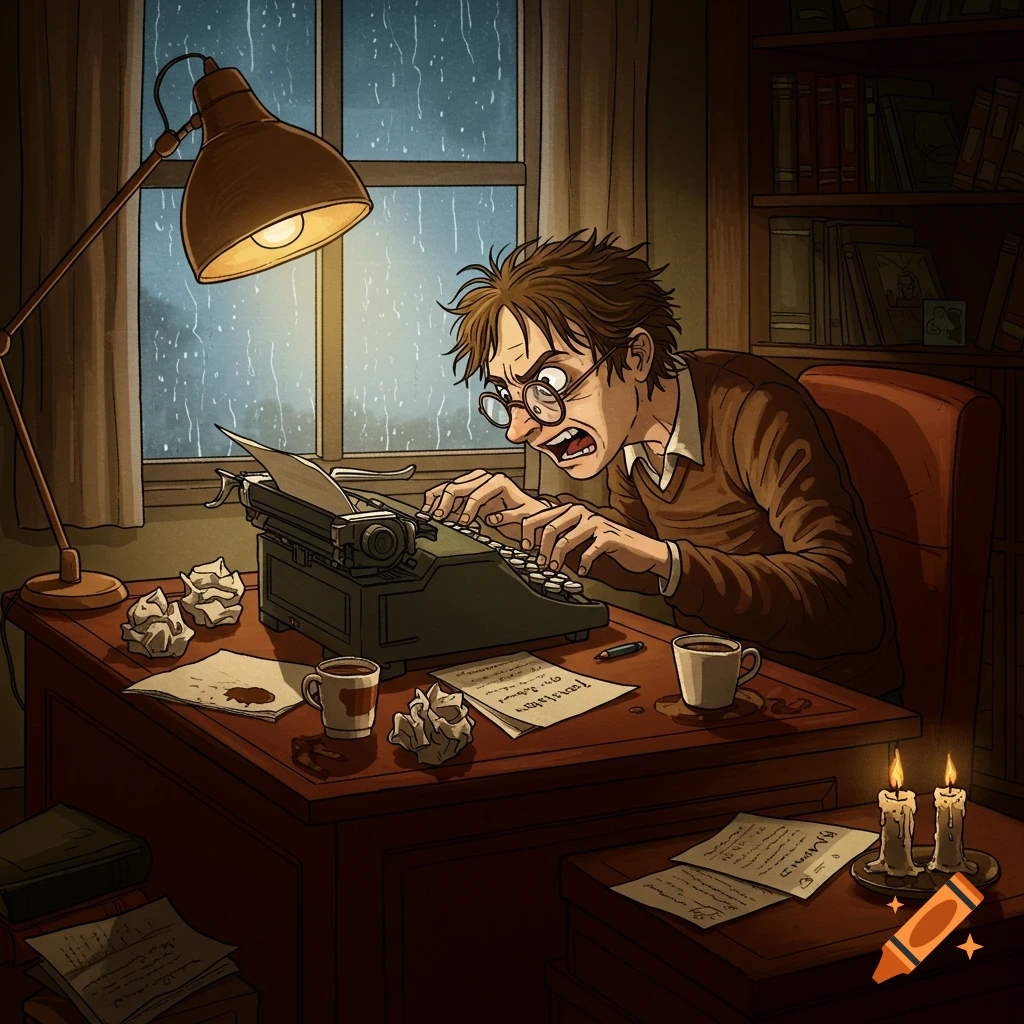 Cartoon man with messy hair and glasses angrily types on a vintage typewriter at a desk during a rainy night.