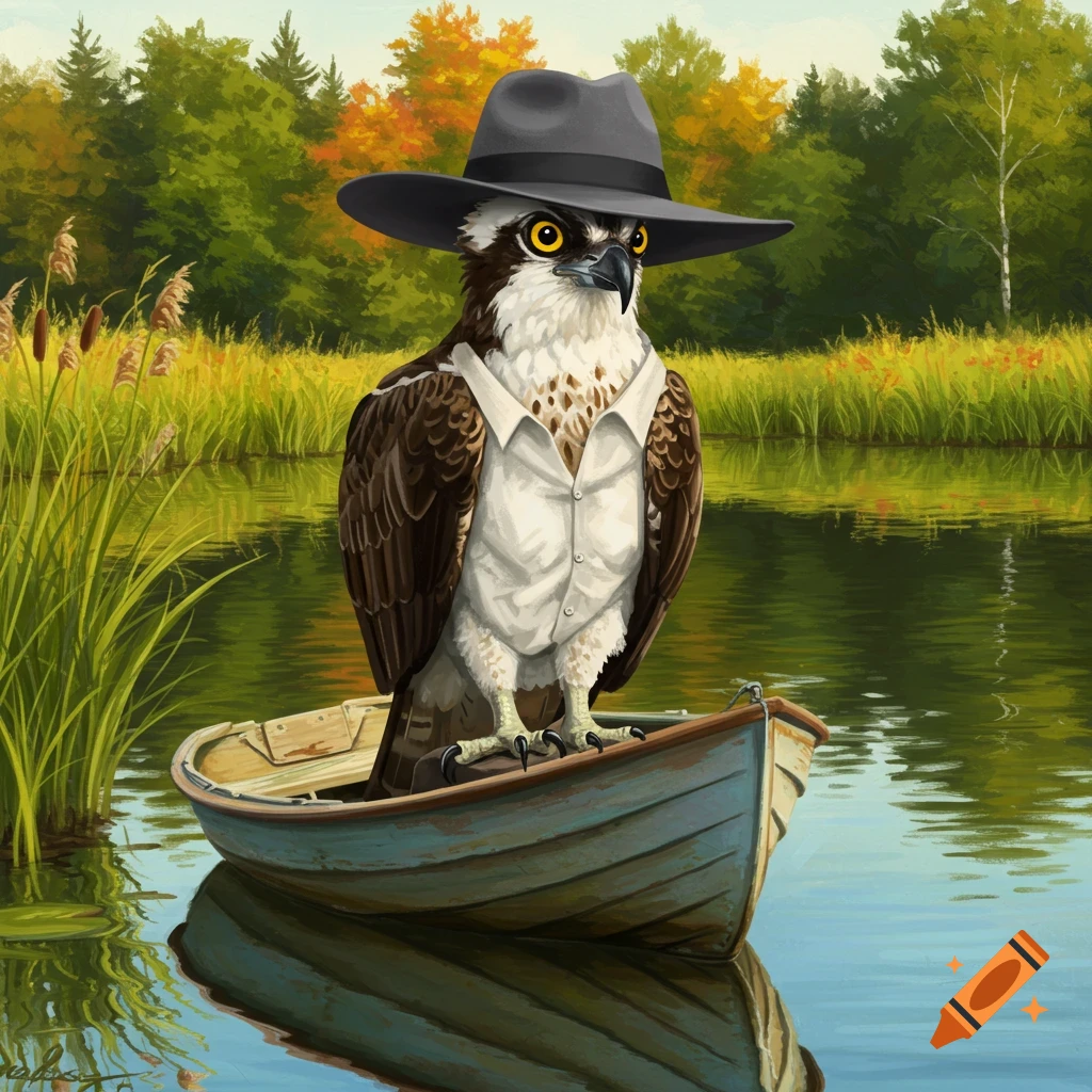 An illustrated osprey wearing a fedora and a white shirt sits in a rowboat on a calm lake with autumn foliage.