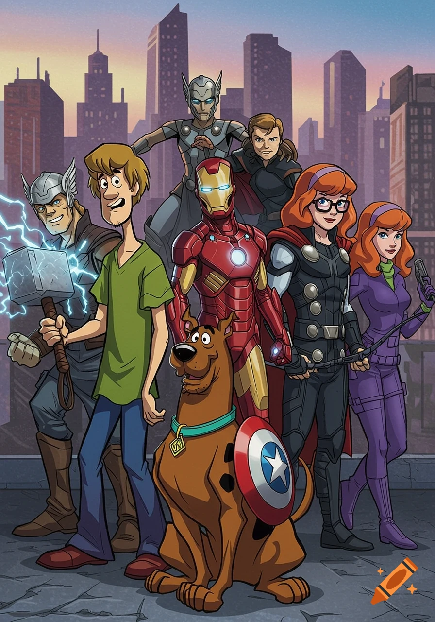 Shaggy, Scooby, and the Mystery Inc. gang dressed as Avengers superheroes, standing before a city skyline.