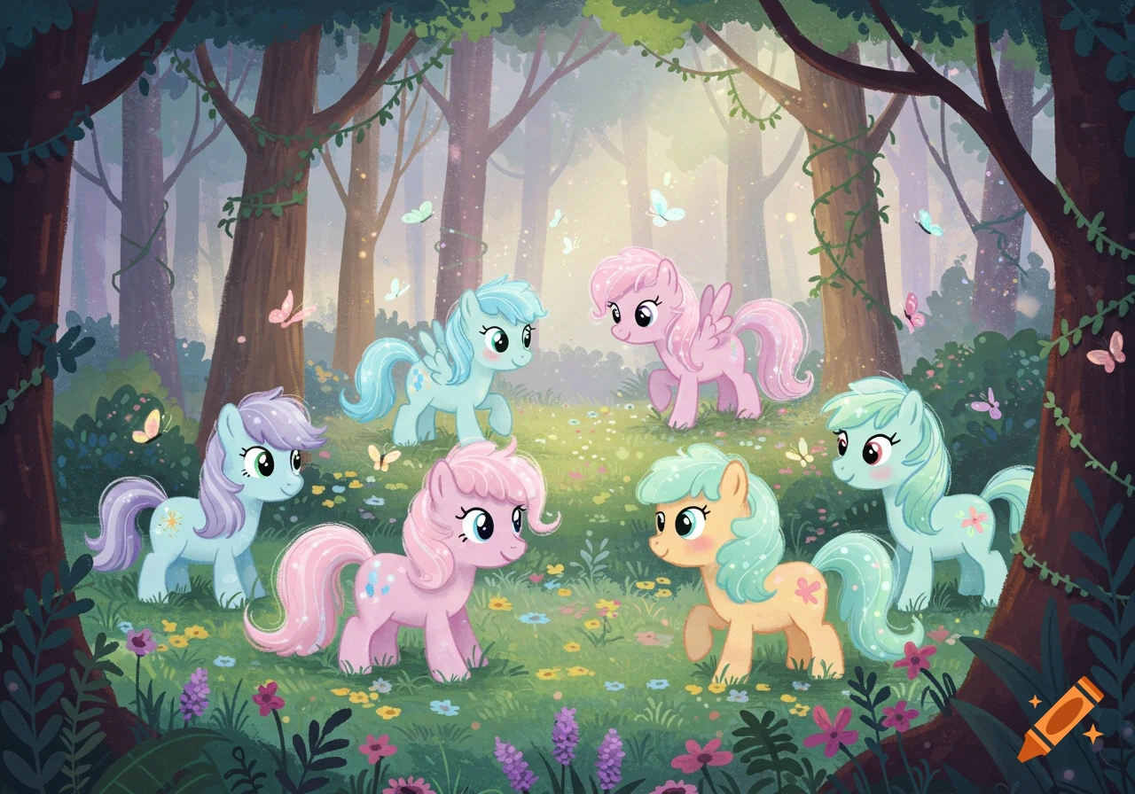 Multiple cute ponies in a magical forest clearing with flowers and butterflies, in a children's book illustration style.
