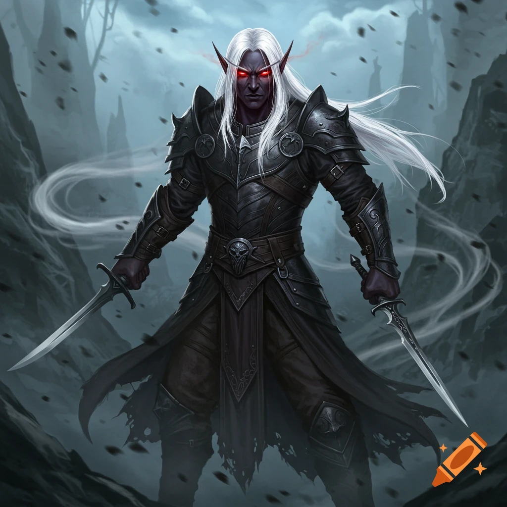 A dark elf fighter with obsidian skin, long white hair, and red eyes, in dark armor, dual-wielding swords. Fantasy digital painting.
