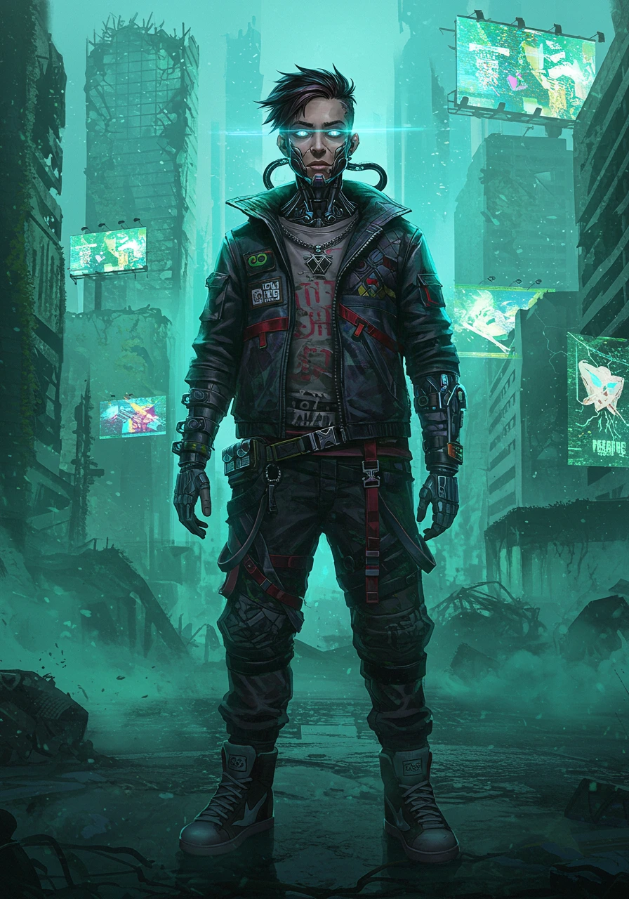 A cybernetically enhanced character with glowing blue eyes stands in a ruined, teal-toned cyberpunk city.