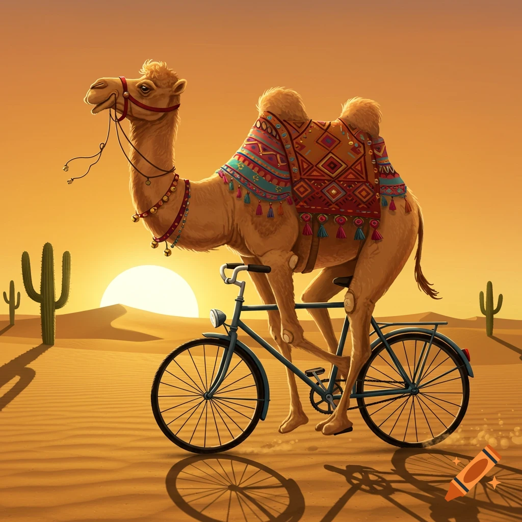 A cartoon camel rides a bicycle across a vibrant desert landscape at sunset.