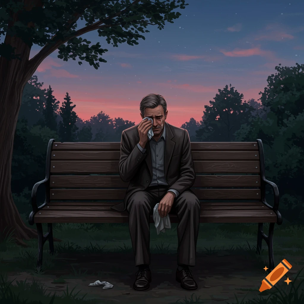 An illustrated man in a suit sits on a park bench crying, wiping his tears with a tissue at dusk.