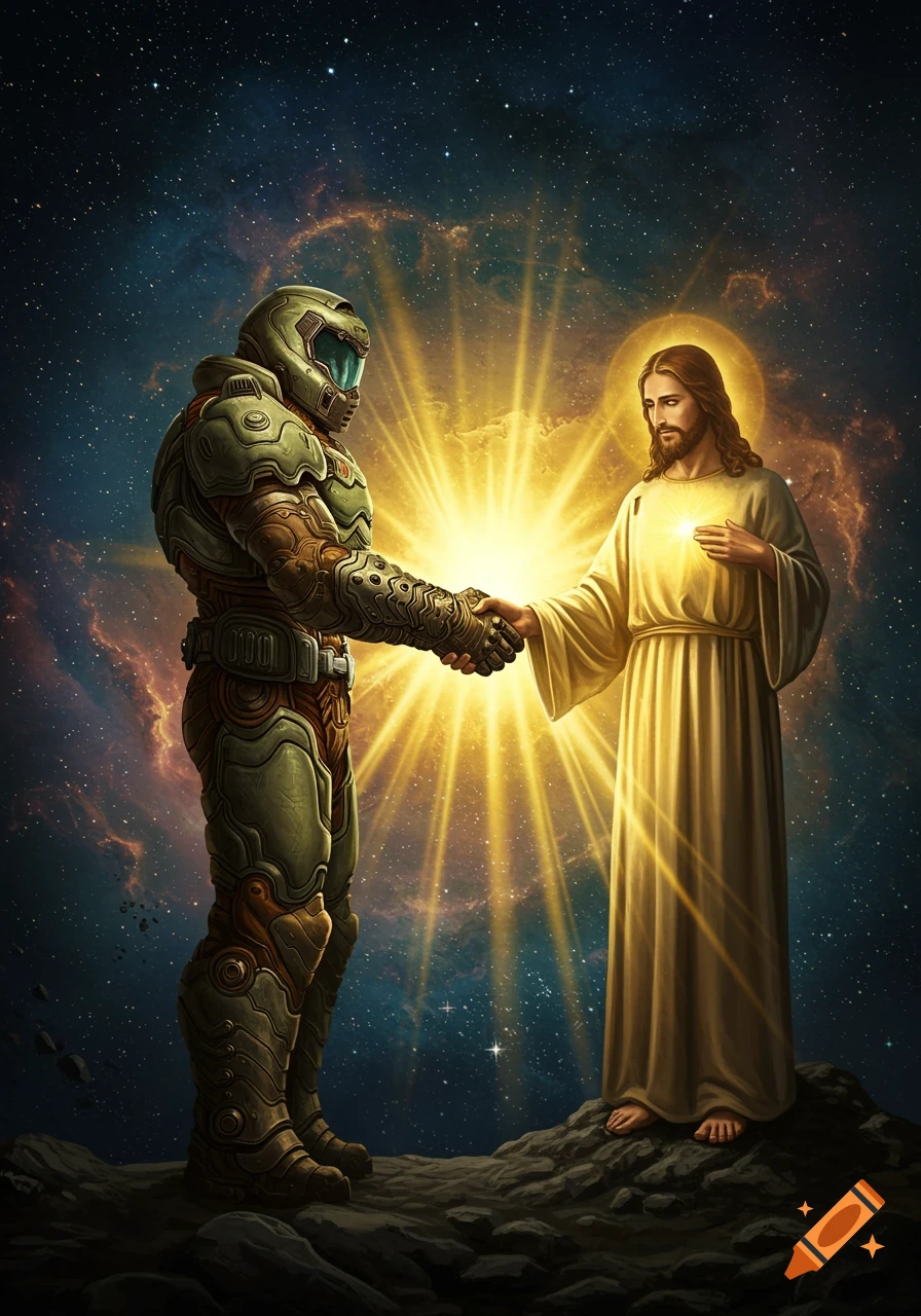Doomslayer and Jesus Christ shake hands against a cosmic backdrop of stars and nebulae.