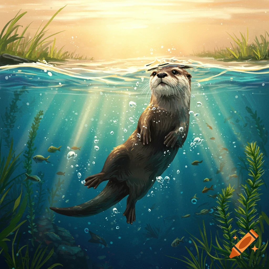 An otter swims underwater, surrounded by bubbles and small fish, with sunlight filtering through the surface.