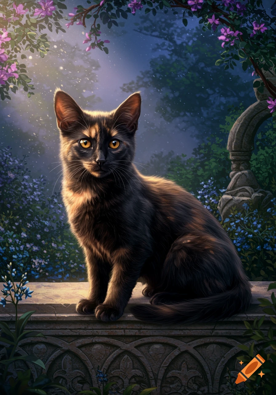 A black and tortoiseshell cat with bright yellow eyes sits on an ornate stone wall in a moonlit, purple-flowered fantasy garden.