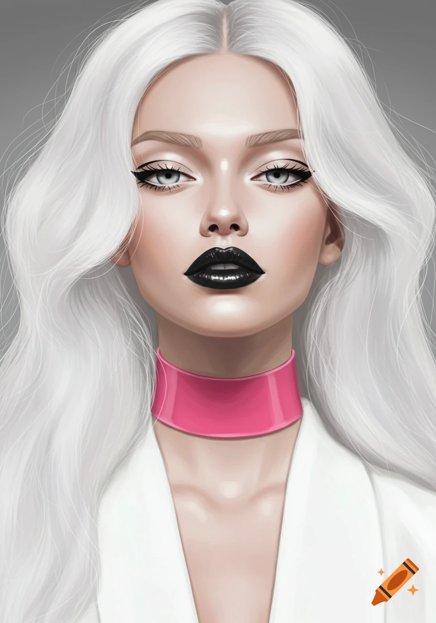 Stylized portrait of a woman with long white hair, black lipstick, thick eyeliner, and a pink choker.