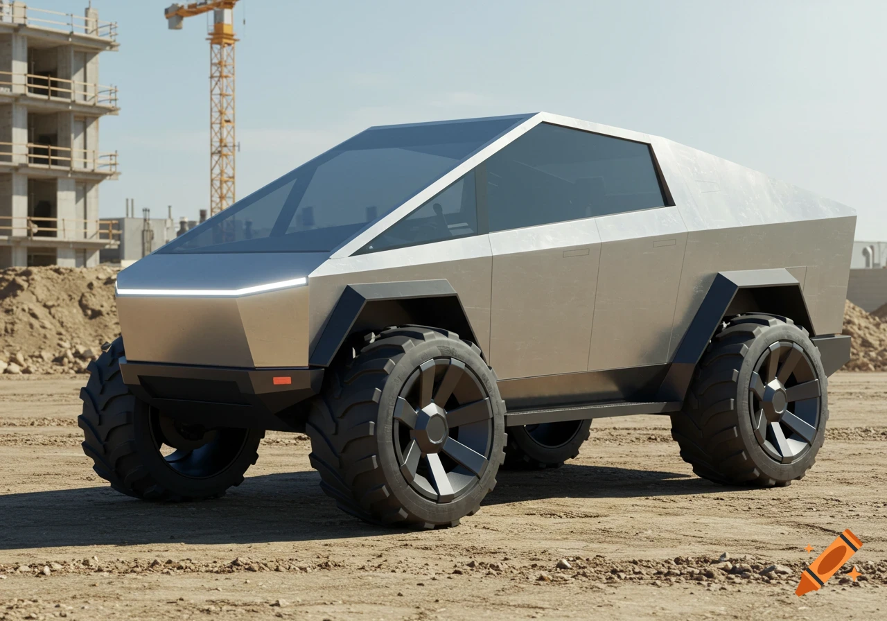 A futuristic silver vehicle like a Tesla Cybertruck with large off-road tires on a dirt construction site.