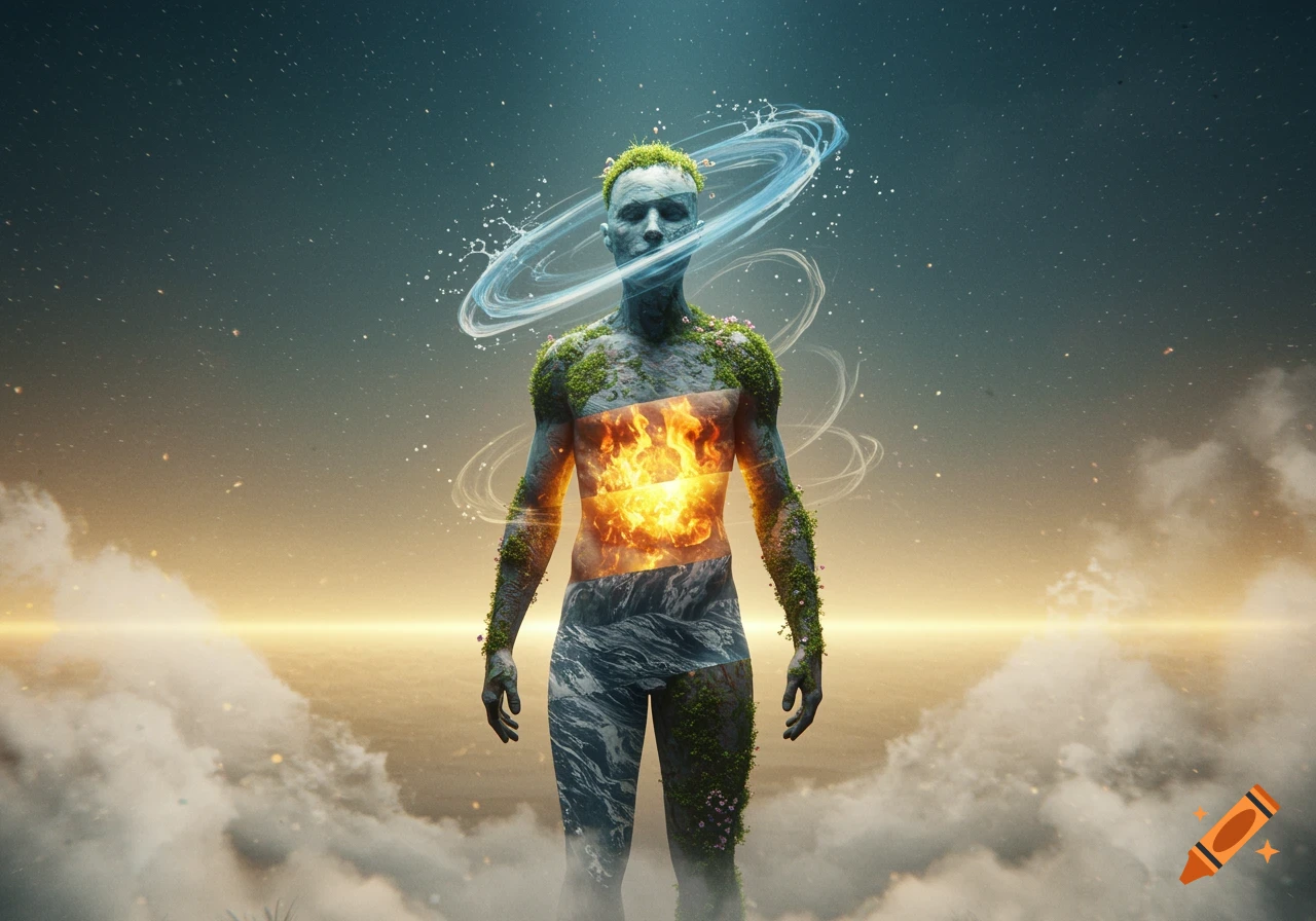 A conceptual image of a humanoid figure composed of earth/moss, fire, and water elements, standing against a cosmic sky.