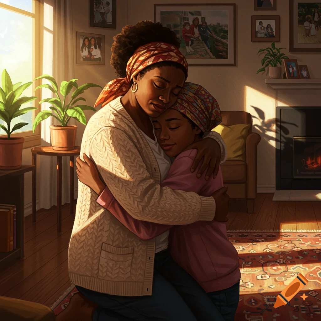 A black mother embraces her teenage daughter in a sunlit room, with plants and framed photos in the background.
