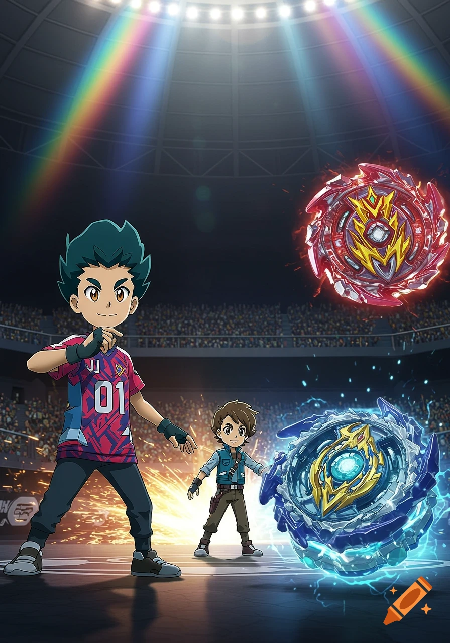 Two anime boys stand in a dark stadium with bright spotlights as their Beyblades spin with energy effects.