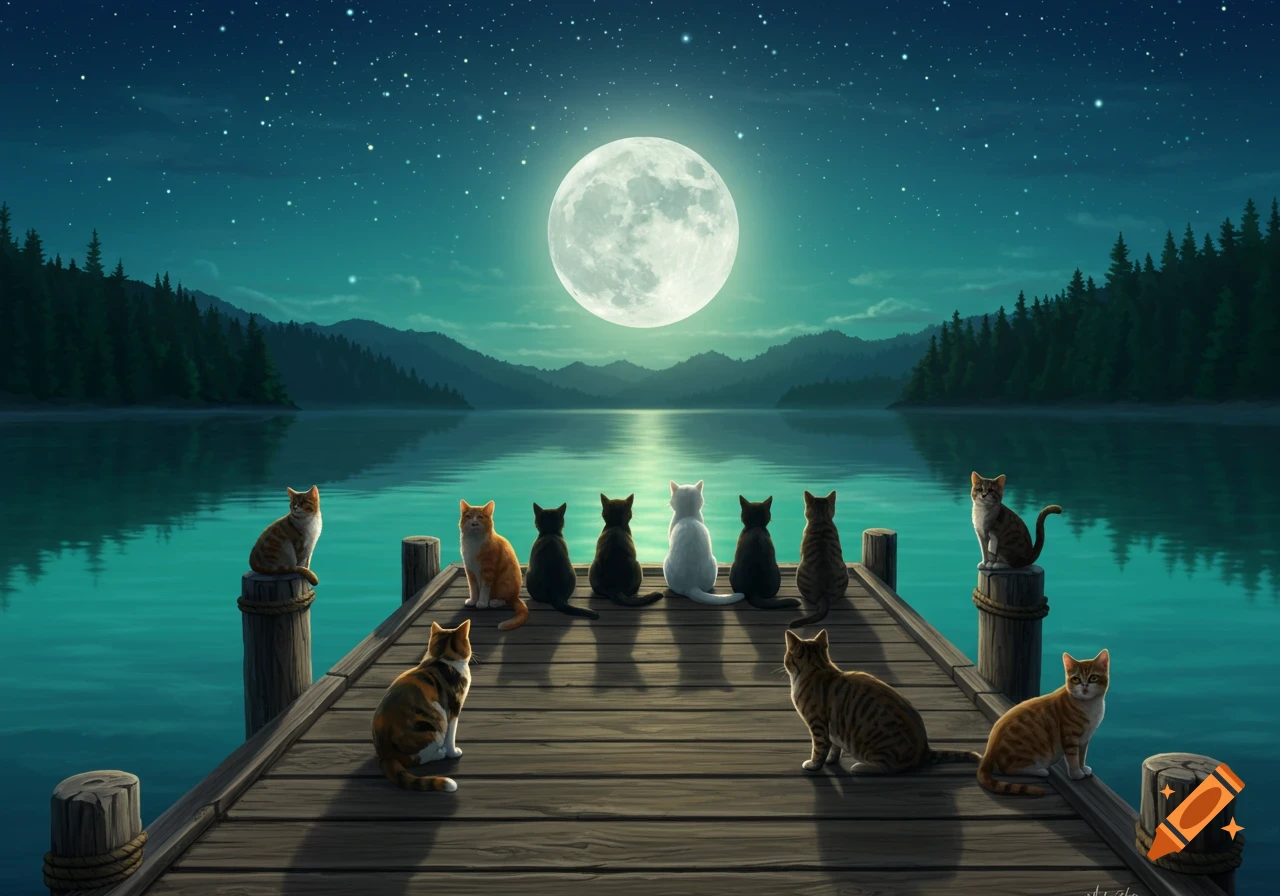 Eleven cats of various colors sit on a wooden dock overlooking a moonlit lake with mountains and pine trees in the distance.