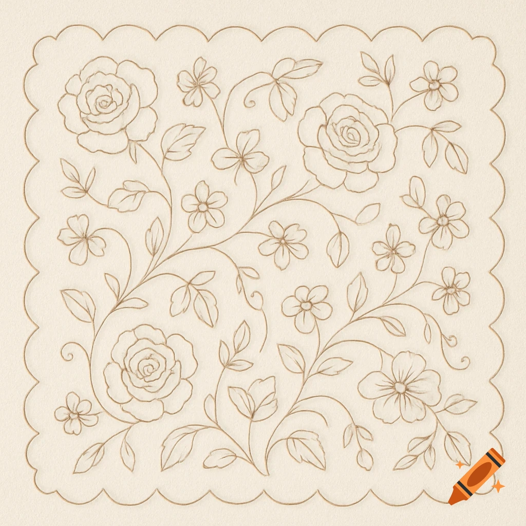 An intricate outline drawing of a floral embroidery pattern with roses, small flowers, and leaves within a scalloped border.
