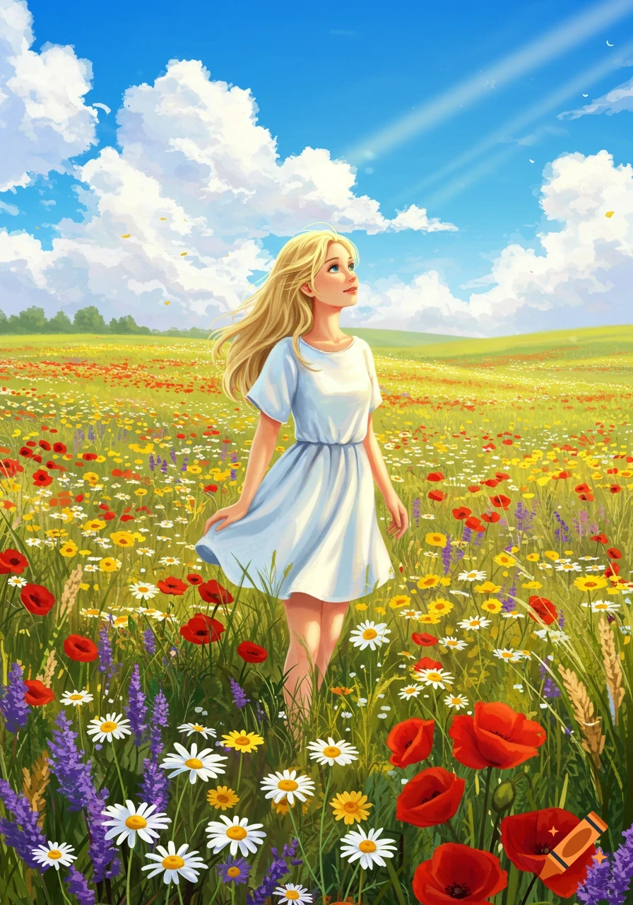 An illustrated blonde girl in a white dress stands in a vibrant wildflower field under a blue sky.