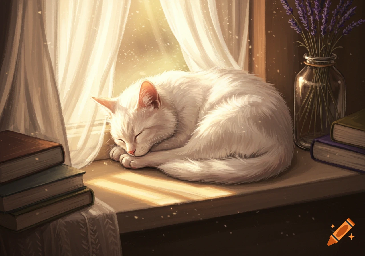 A white cat sleeps curled on a sunlit windowsill next to a stack of books and a vase of lavender, in a soft digital painting.