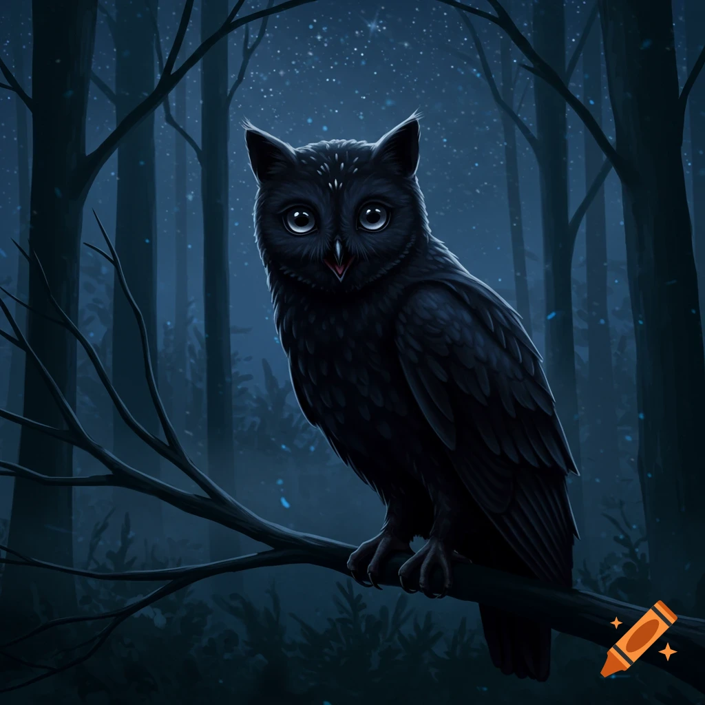 A stylized black owl with large eyes and cat-like ears sits on a branch in a dark, starry forest.