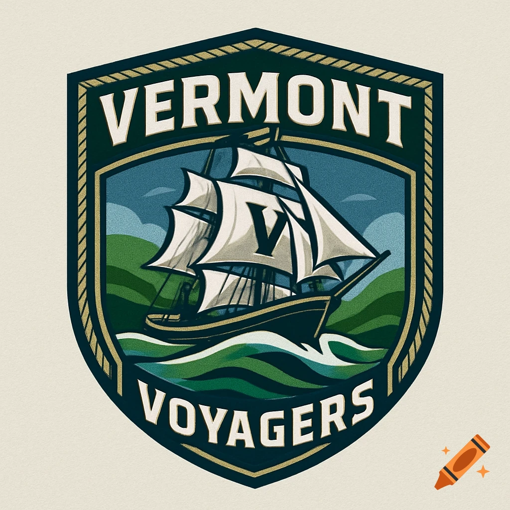 A vintage-style shield logo for 'Vermont Voyagers' featuring a sailing ship with a 'V' on its sail, against a background of green hills and blue sky.