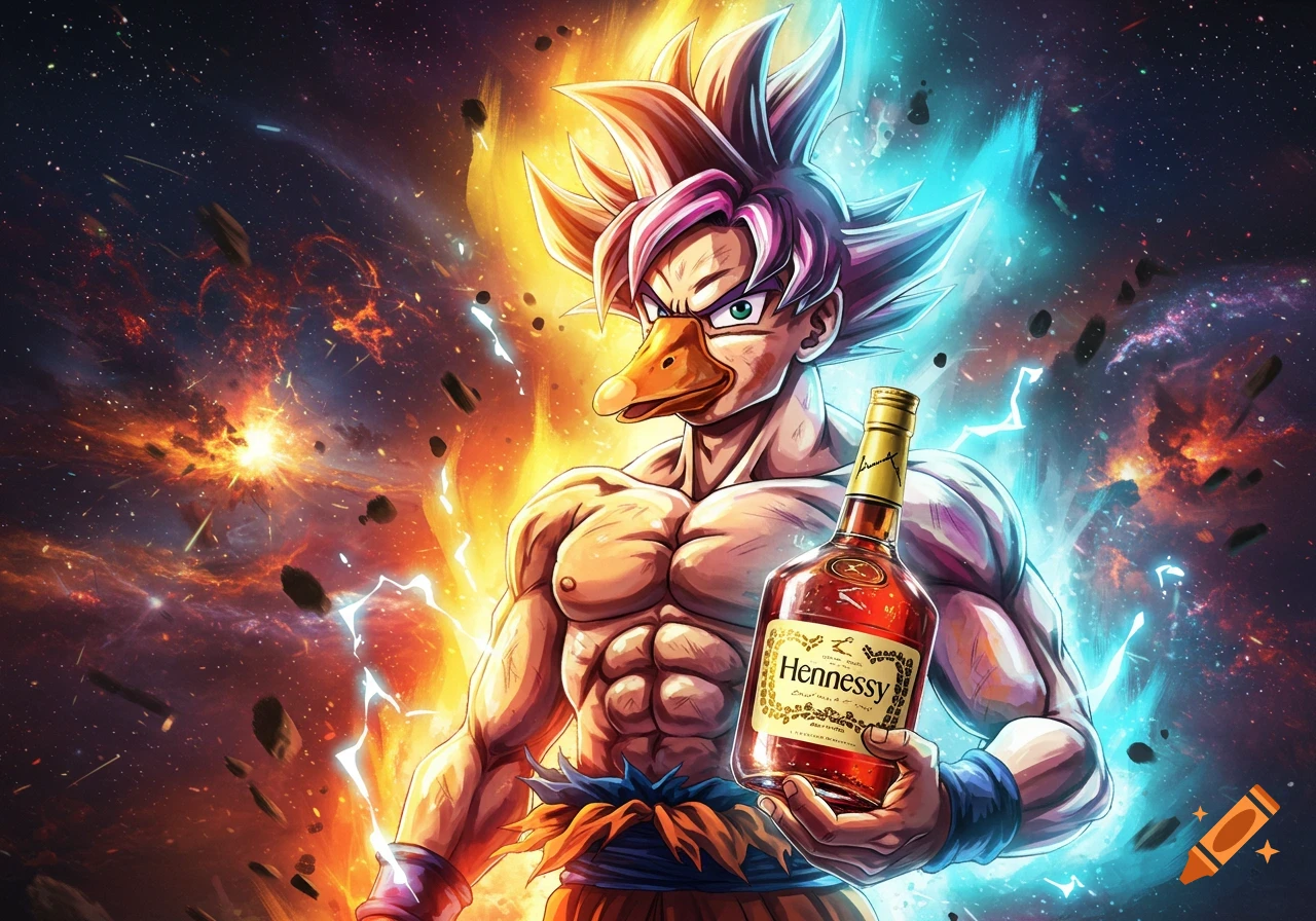 Super Saiyan Goku with a duck-like face holds a bottle of Hennessy amidst a cosmic backdrop with powerful auras.