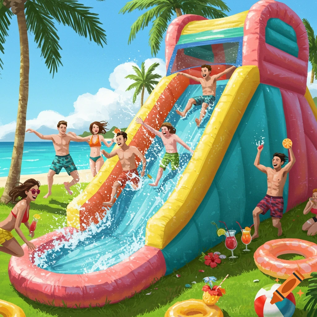 Adults having fun on a large inflatable waterslide at a beach party on a sunny tropical island.