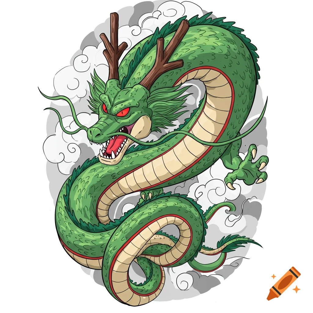 A green dragon with red eyes, resembling Shenron, in a tattoo style illustration surrounded by white clouds.