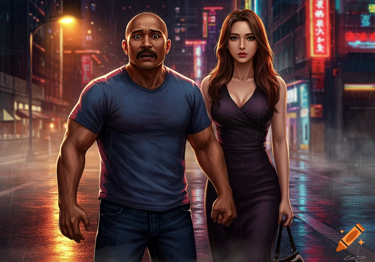 A muscular, bald man with a mustache looks scared next to a beautiful woman in a dark purple dress, walking in a rainy city at night with neon signs.