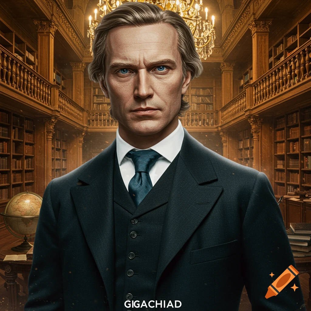 Photorealistic portrait of a serious man in a dark suit with a blue tie, standing in an ornate library with bookshelves and a chandelier.