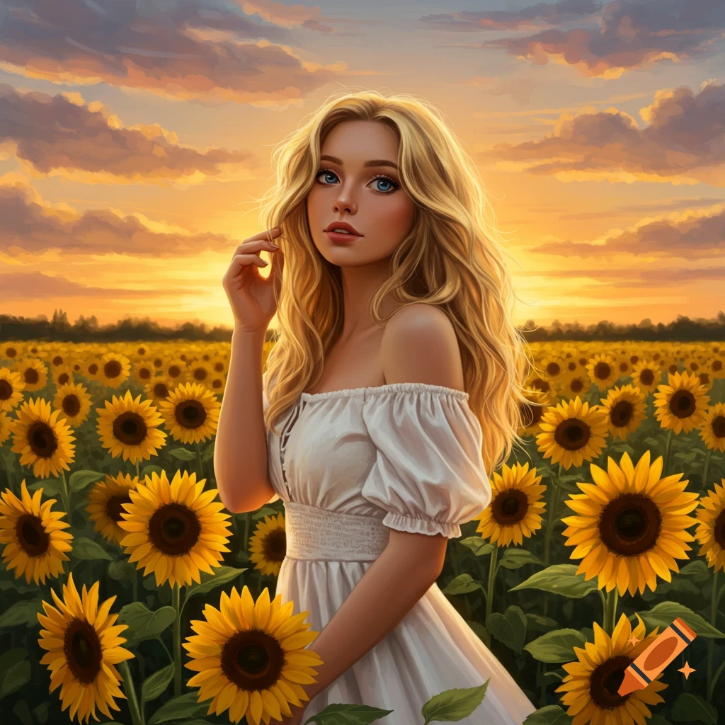 A blonde woman in a white dress standing in a sunflower field at sunset, painted style.