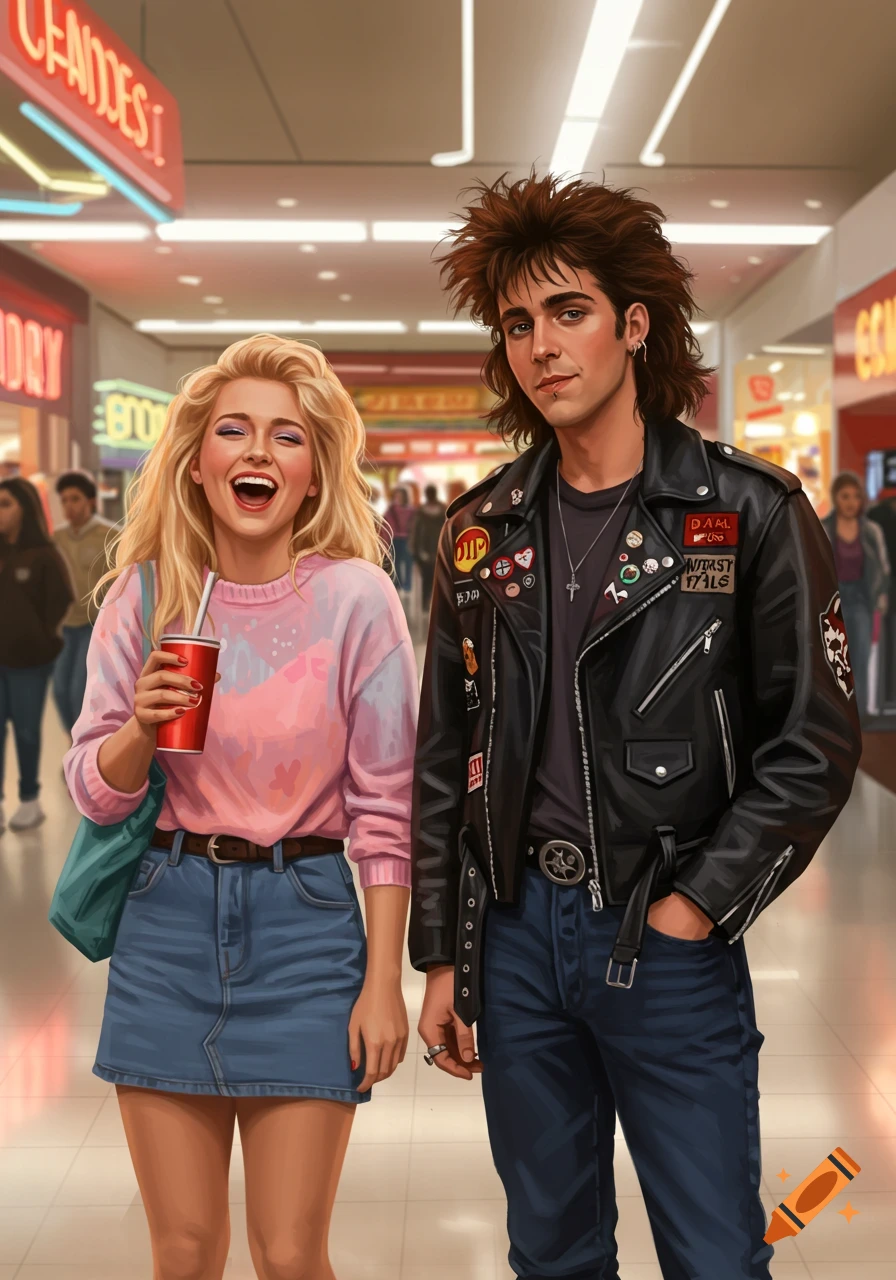 Digital painting of a smiling blonde woman holding a soda and a dark-haired man in a leather jacket walking through a mall.