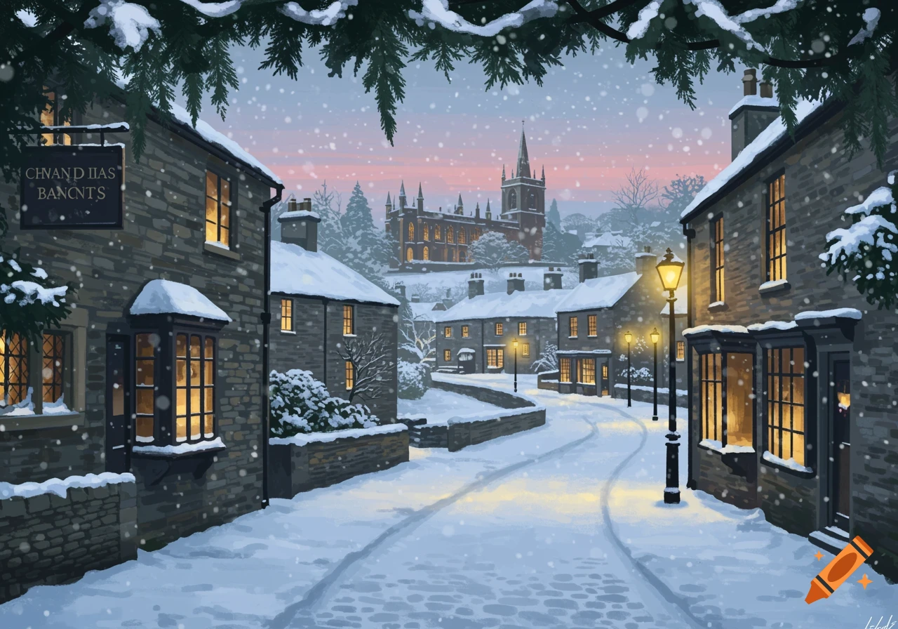 A snowy village scene with stone houses, glowing windows, streetlights, and a distant church under a pink sky, with snow falling.