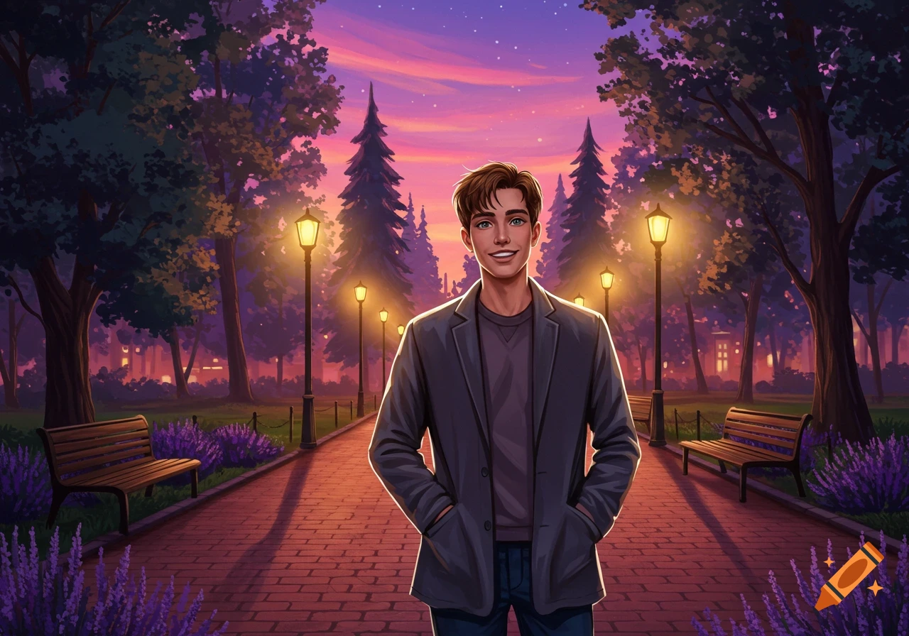 A smiling man in a dark jacket stands on a brick path in a park at sunset, with lampposts and purple flowers. Illustrated style.